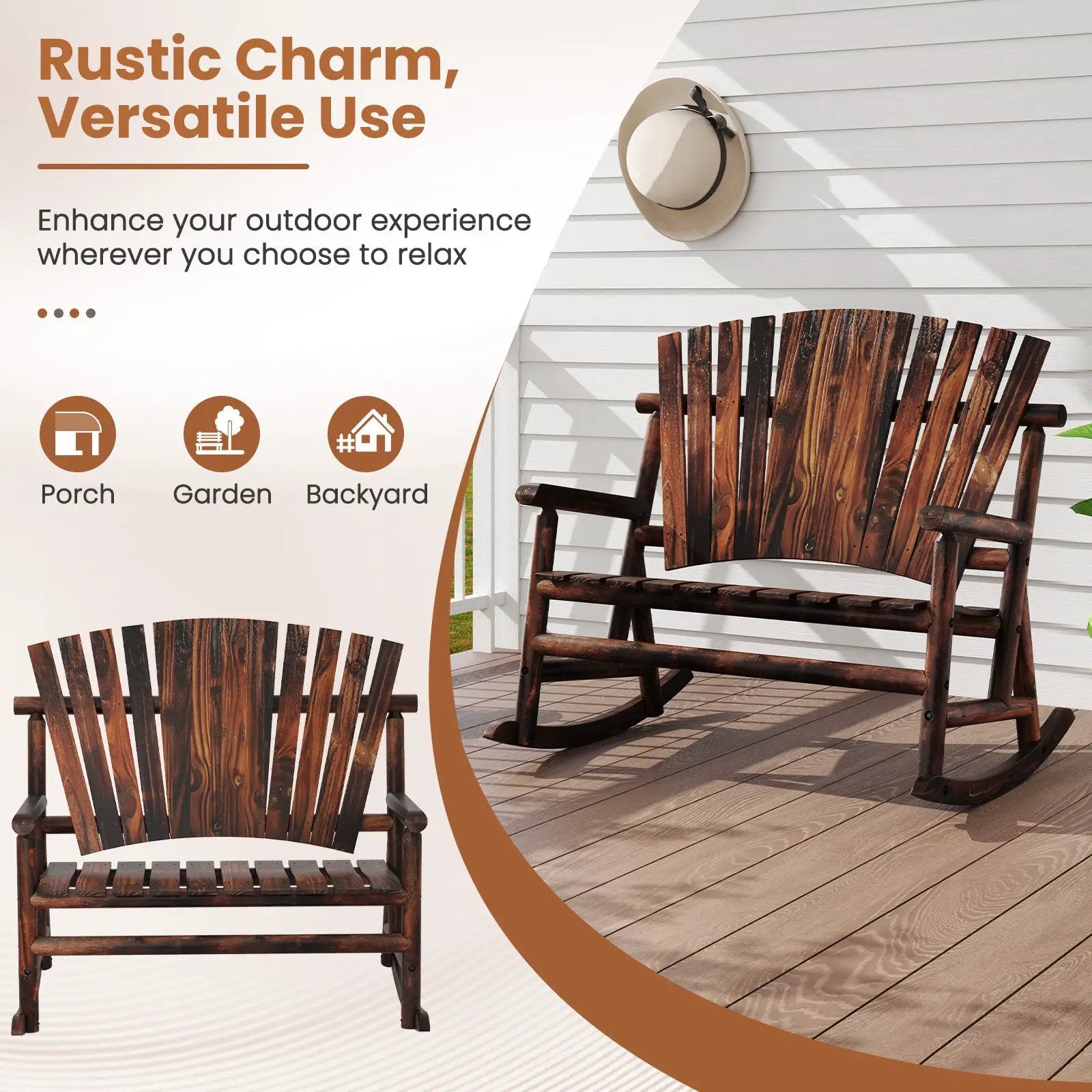 Outdoor Adirondack Rocking Chair for Adults with High Back and Slatted Seat-Brown by DirectDeals