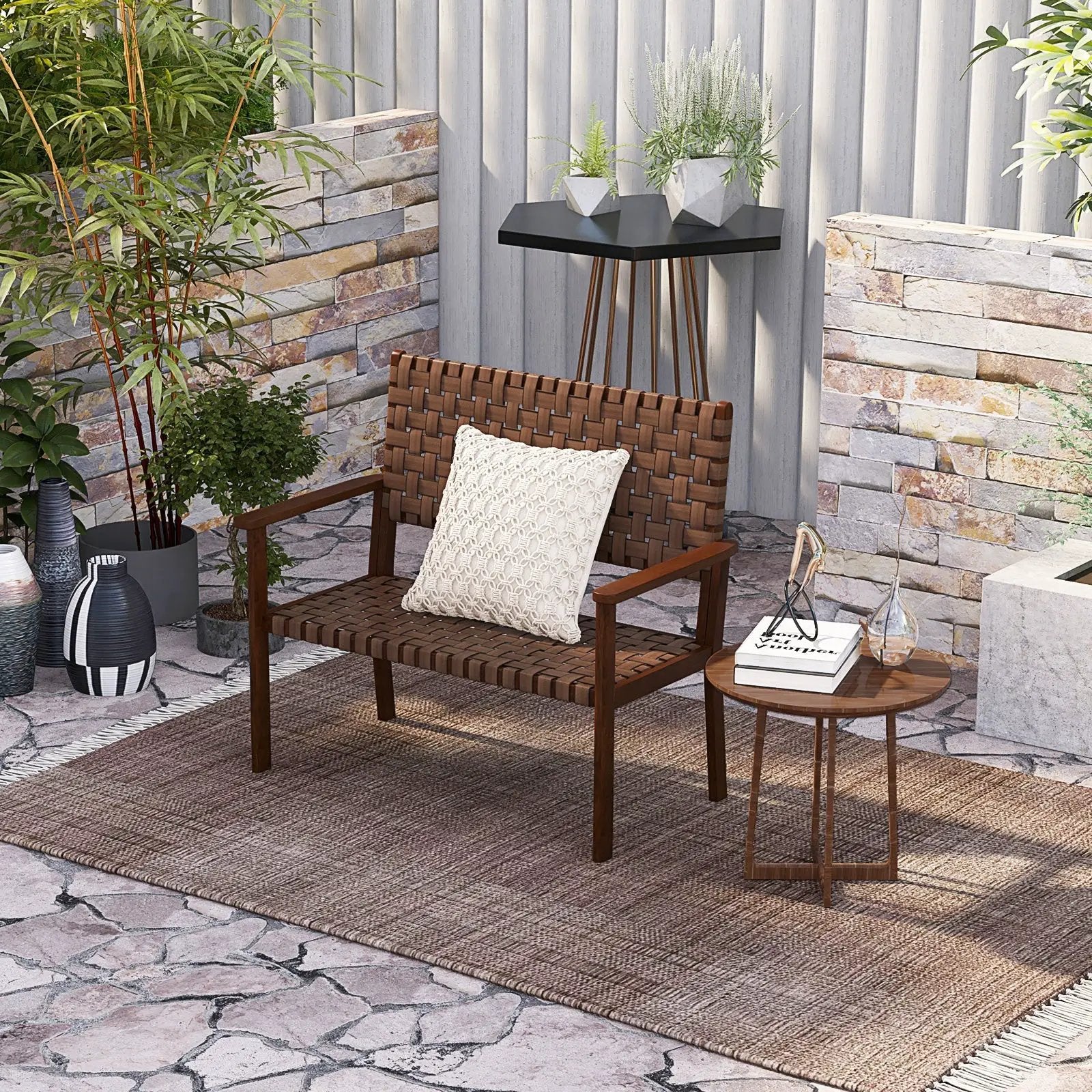Outdoor All Weather Bench with Solid Rubber Wood Frame and Hand Woven PU Leather-Brown by DirectDeals