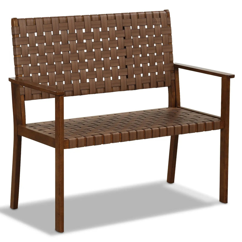 Outdoor All Weather Bench with Solid Rubber Wood Frame and Hand Woven PU Leather-Brown by DirectDeals
