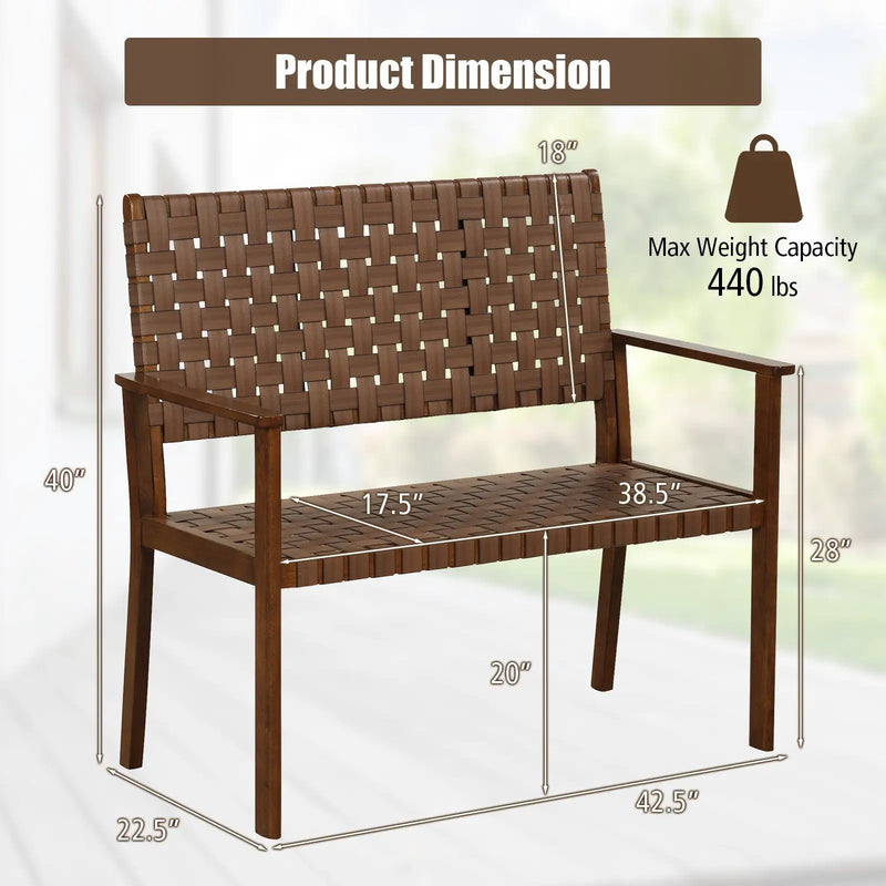 Outdoor All Weather Bench with Solid Rubber Wood Frame and Hand Woven PU Leather-Brown by DirectDeals