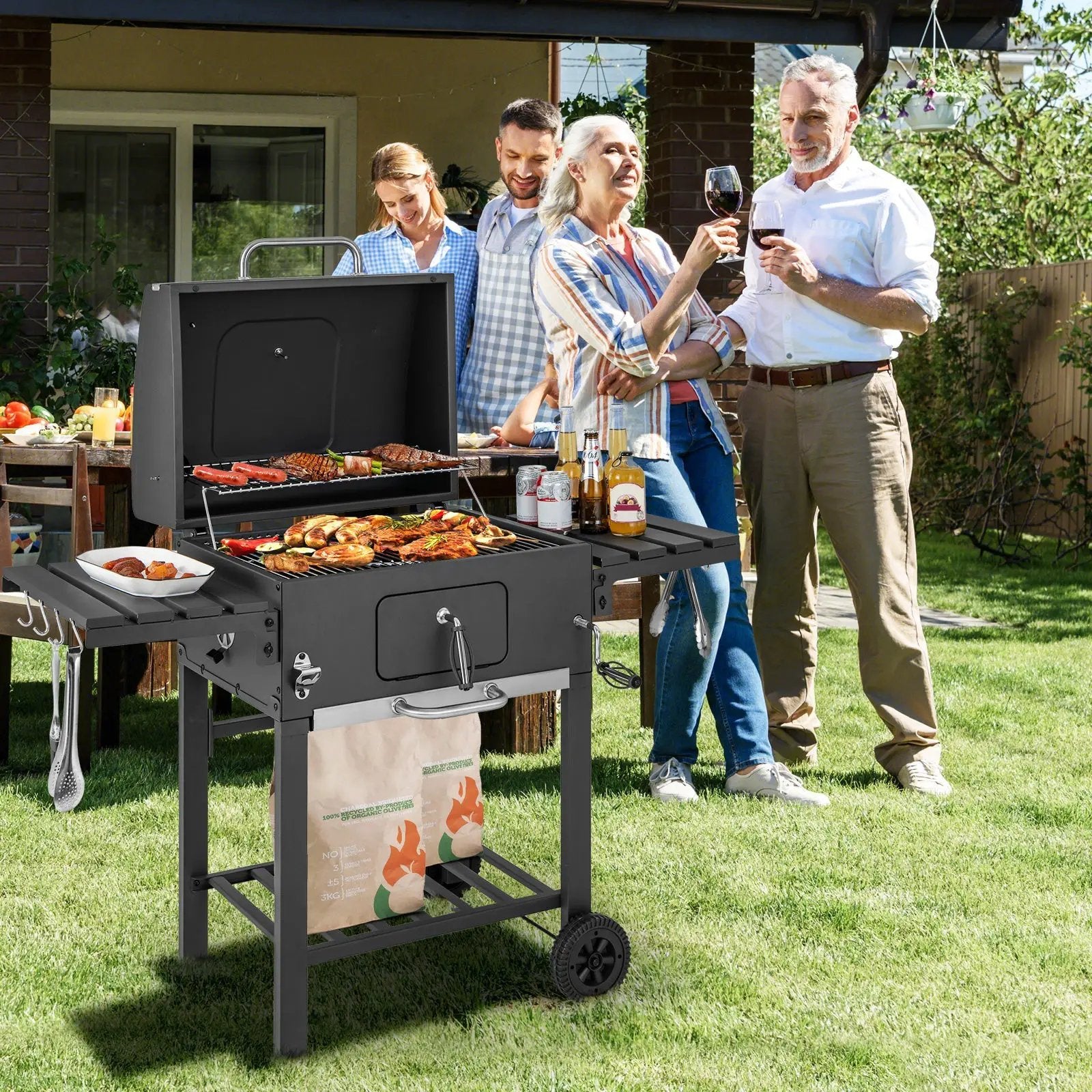 Outdoor BBQ Charcoal Grill with 2 Foldable Side Table and Wheels by DirectDeals