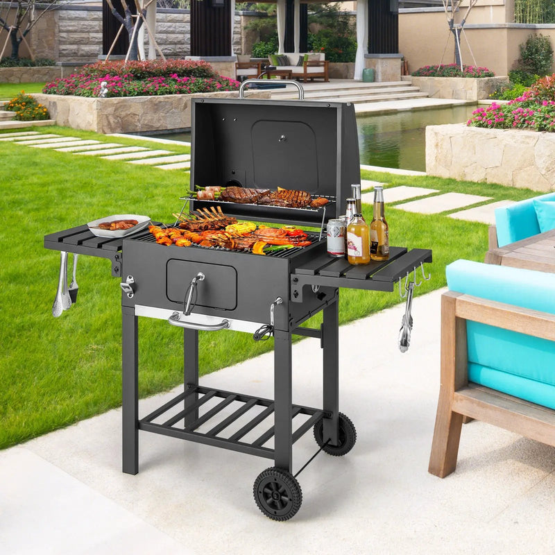 Outdoor BBQ Charcoal Grill with 2 Foldable Side Table and Wheels by DirectDeals