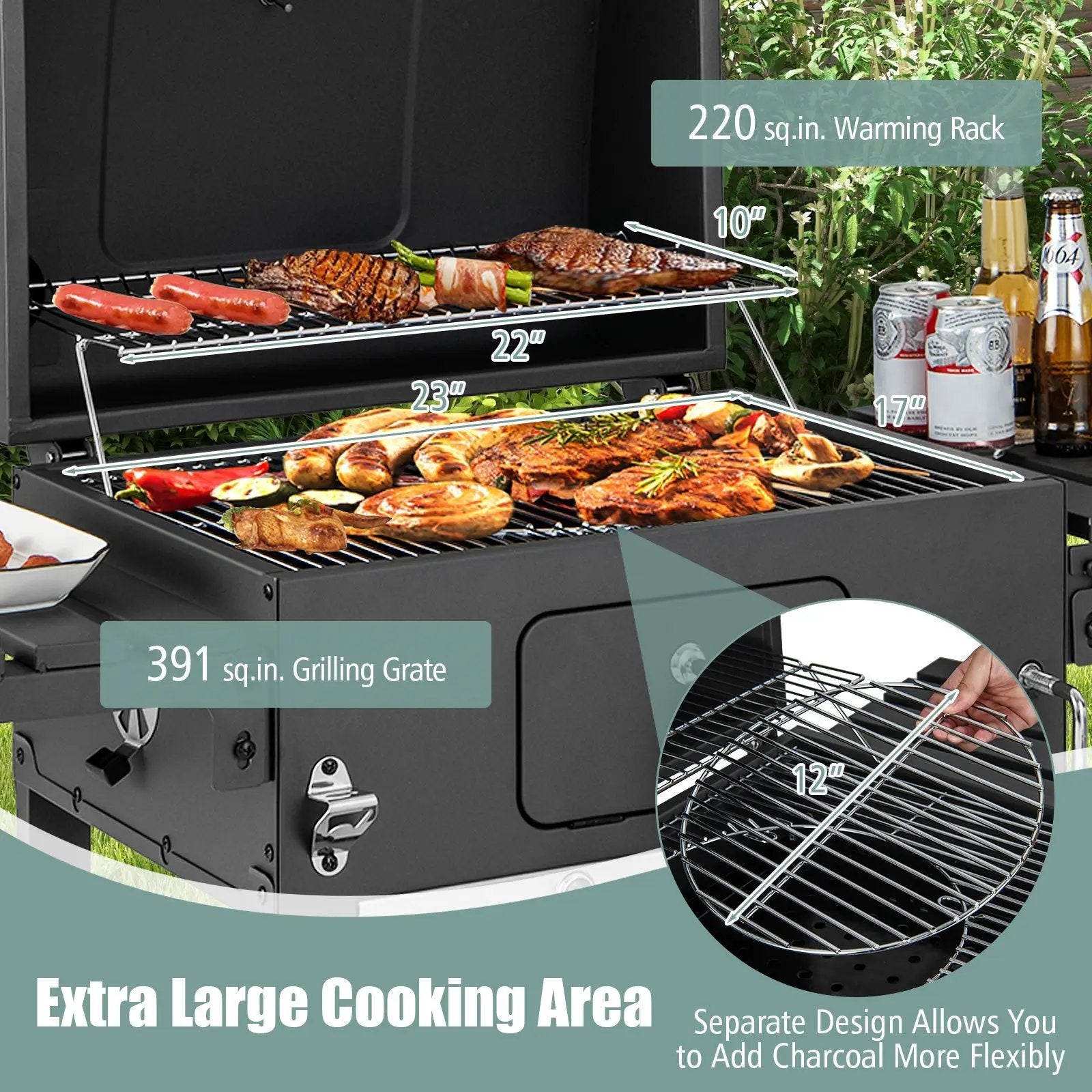 Outdoor BBQ Charcoal Grill with 2 Foldable Side Table and Wheels by DirectDeals