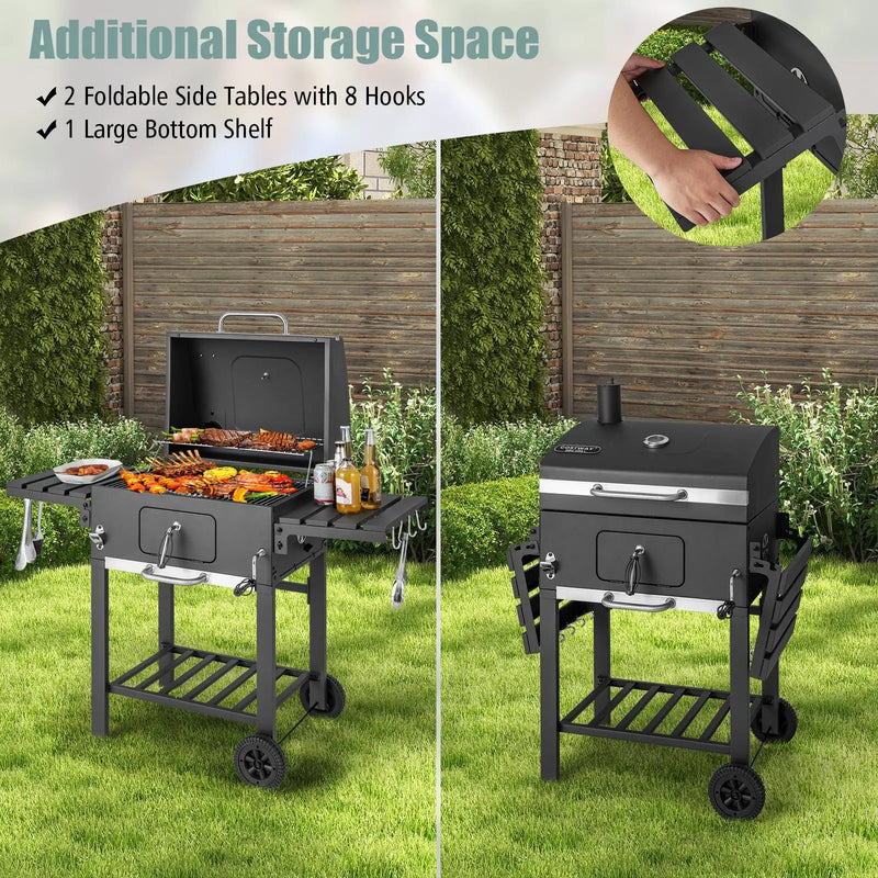 Outdoor BBQ Charcoal Grill with 2 Foldable Side Table and Wheels by DirectDeals
