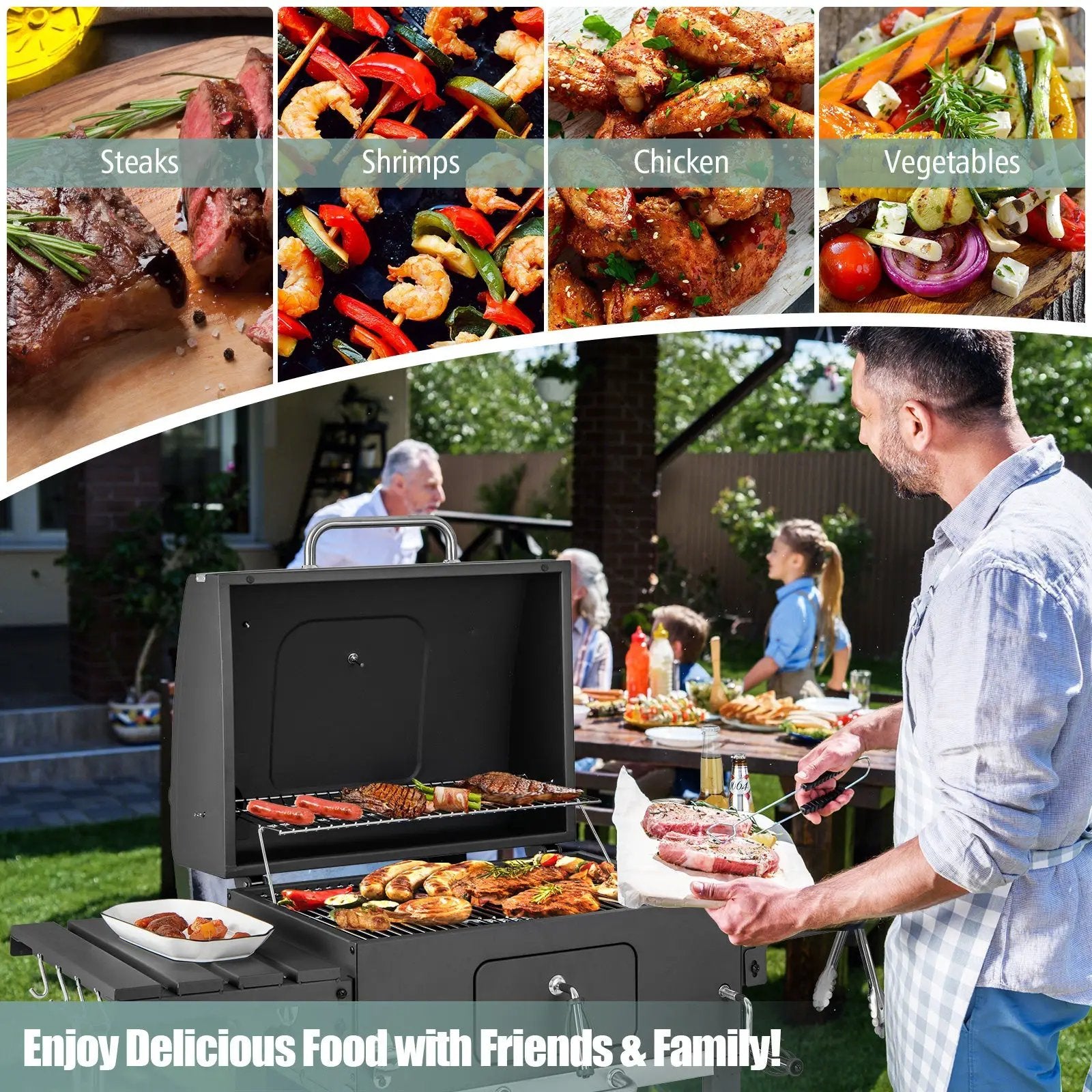 Outdoor BBQ Charcoal Grill with 2 Foldable Side Table and Wheels by DirectDeals