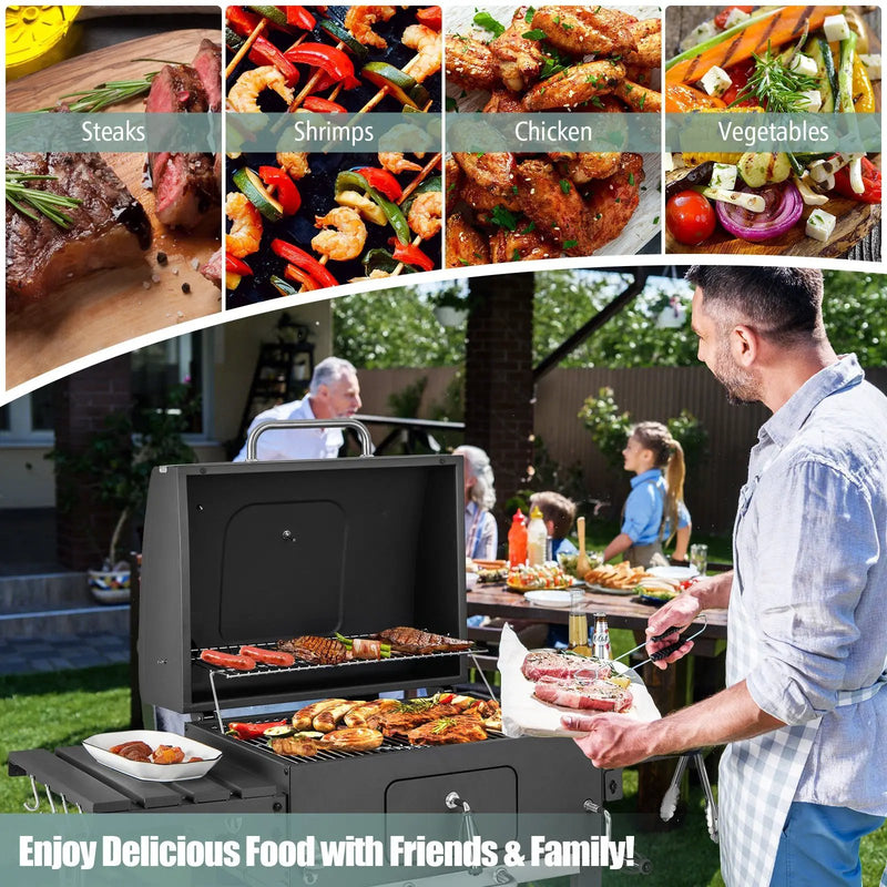 Outdoor BBQ Charcoal Grill with 2 Foldable Side Table and Wheels by DirectDeals