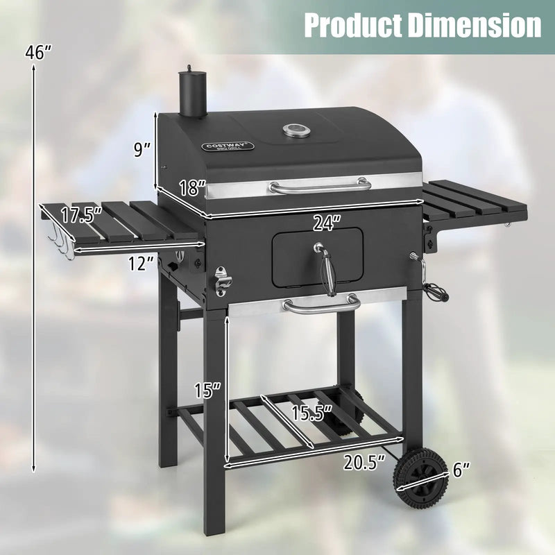 Outdoor BBQ Charcoal Grill with 2 Foldable Side Table and Wheels by DirectDeals