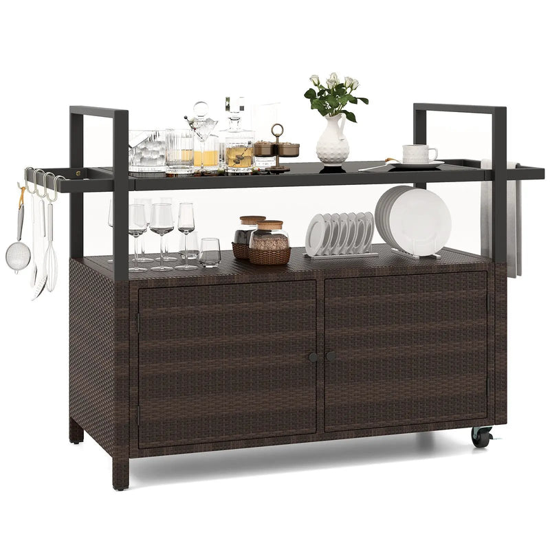 Outdoor Bar Cart Wicker Buffet Serving Cart with Cabinet and 8 Hooks by DirectDeals
