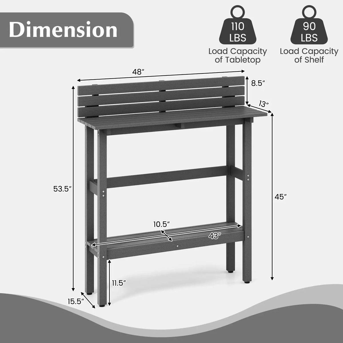 48 Inch Patio Pub Height Table with Storage Shelf and Adjustable Foot Pads, photo 9 of 16