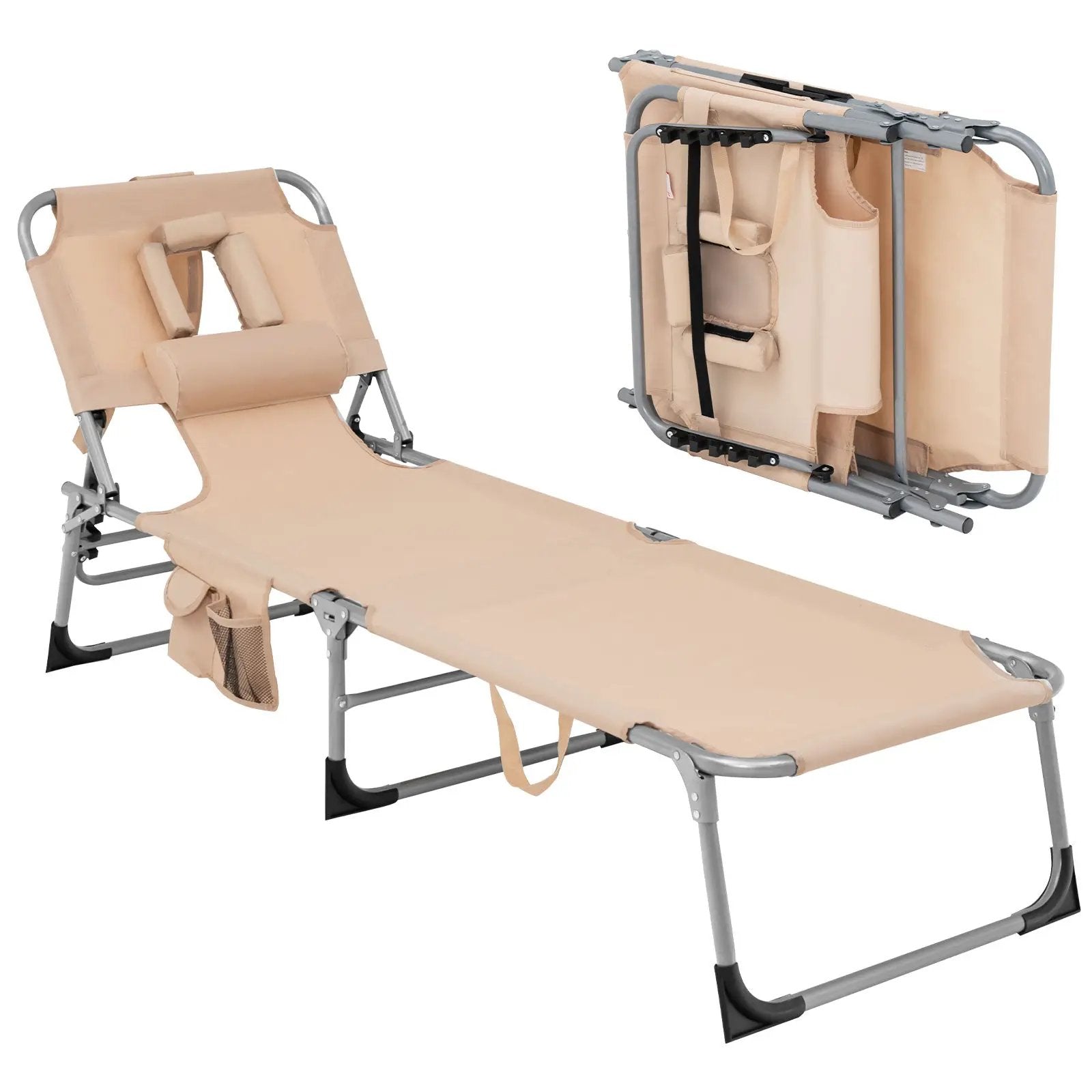 Folding Beach Lounge Chair with Pillow for Outdoor-Beige by DirectDeals