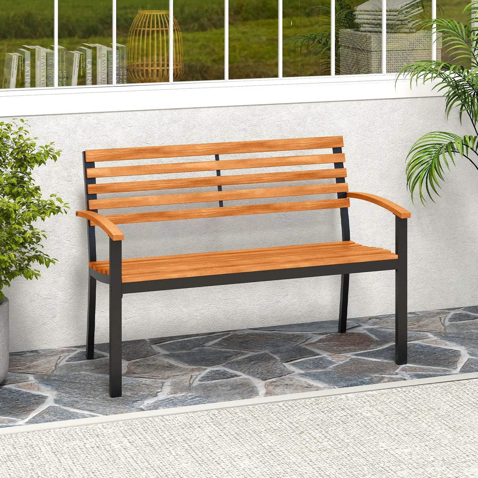 Outdoor Bench Acacia Wood Patio Loveseat with Backrest Armrests by DirectDeals