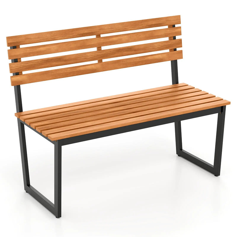 Outdoor Bench Acacia Wood Patio Loveseat with Backrest and Heavy Duty Metal Frame by DirectDeals