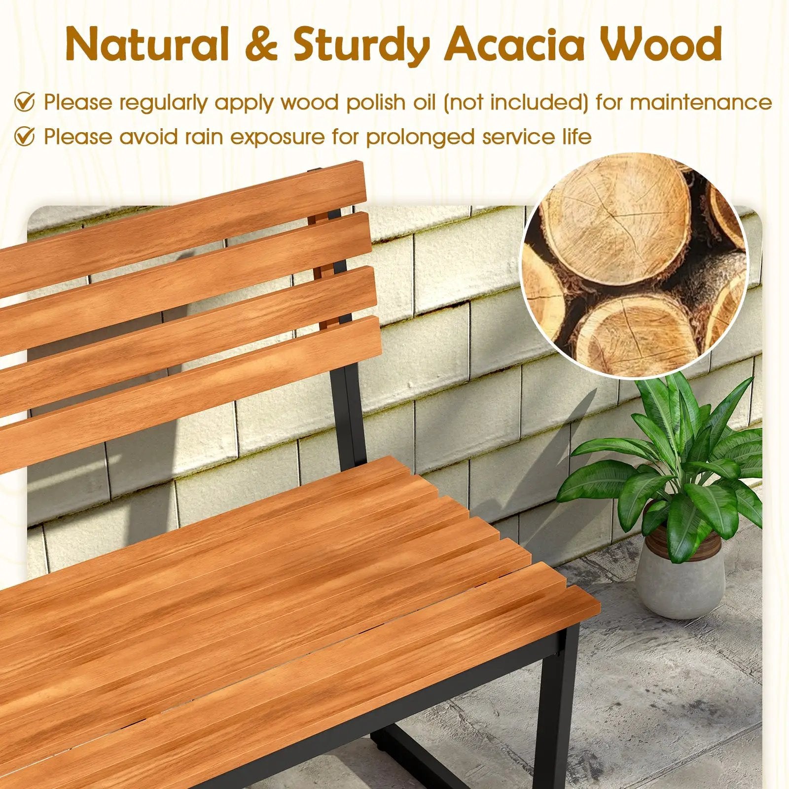 Outdoor Bench Acacia Wood Patio Loveseat with Backrest and Heavy Duty Metal Frame by DirectDeals