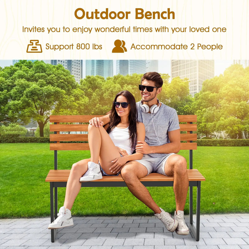 Outdoor Bench Acacia Wood Patio Loveseat with Backrest and Heavy Duty Metal Frame by DirectDeals