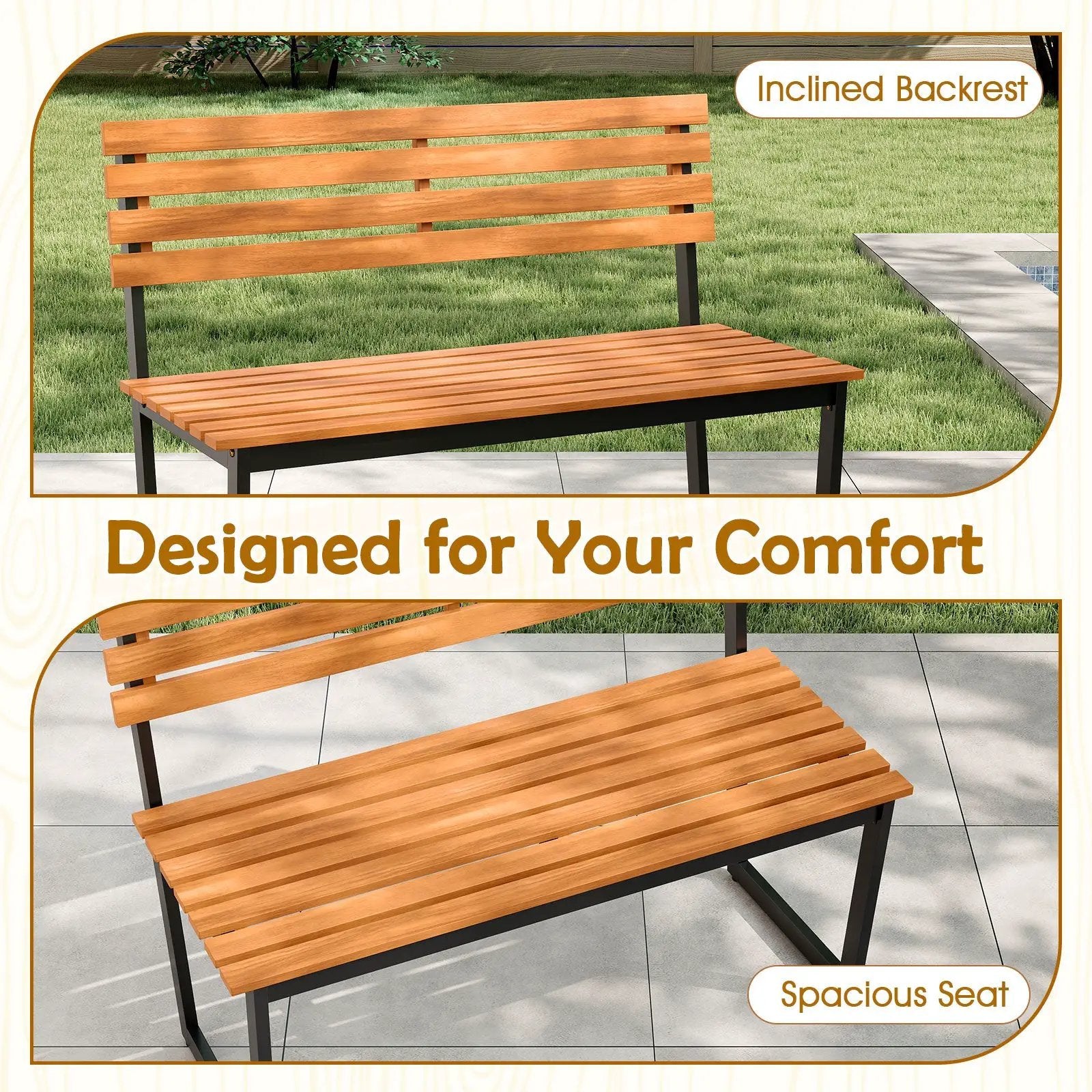 Outdoor Bench Acacia Wood Patio Loveseat with Backrest and Heavy Duty Metal Frame by DirectDeals