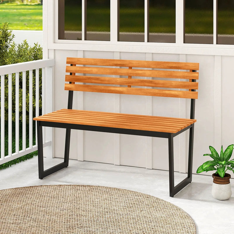 Outdoor Bench Acacia Wood Patio Loveseat with Backrest and Heavy Duty Metal Frame by DirectDeals