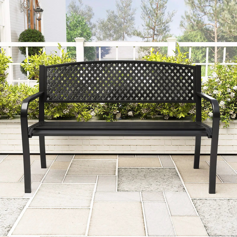 Metal Outdoor Bench with High Back for 2-3-Person Patio Bench-Black by DirectDeals