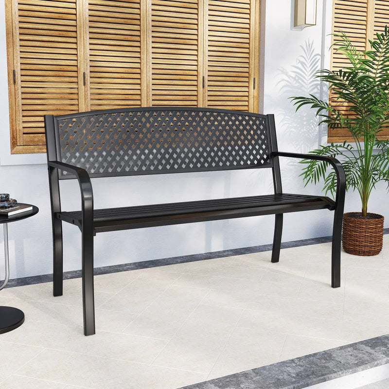 Metal Outdoor Bench with High Back for 2-3-Person Patio Bench-Black by DirectDeals