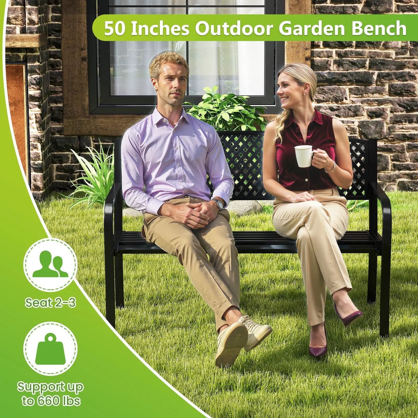 Metal Outdoor Bench with High Back for 2-3-Person Patio Bench-Black by DirectDeals