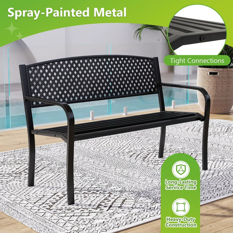 Metal Outdoor Bench with High Back for 2-3-Person Patio Bench-Black by DirectDeals
