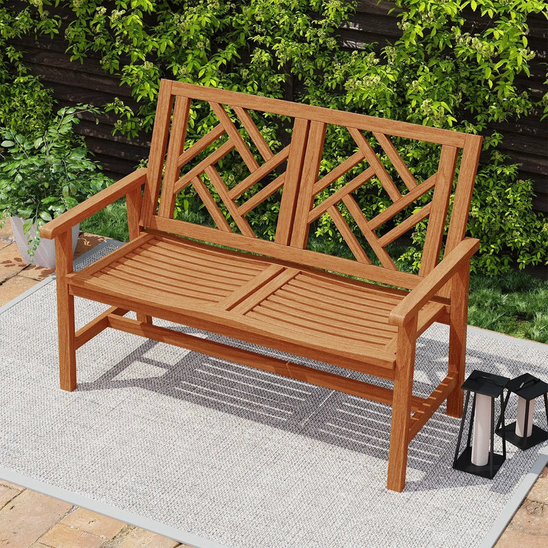 Outdoor Bench Wood 2-Person Patio Loveseat Chair with Geometric Backrest by DirectDeals