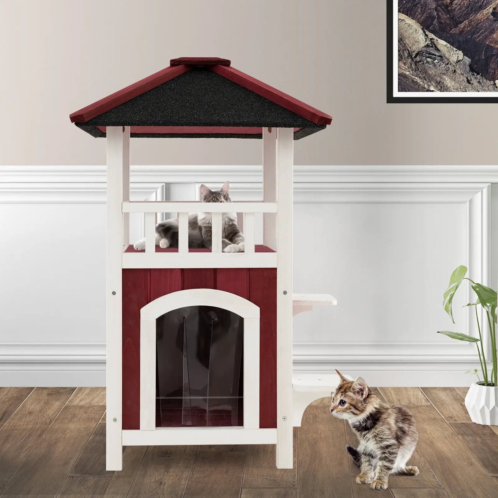 2-Story Wooden Cat House with Asphalt Roof Balcony and Rain Curtain-Red & White by DirectDeals