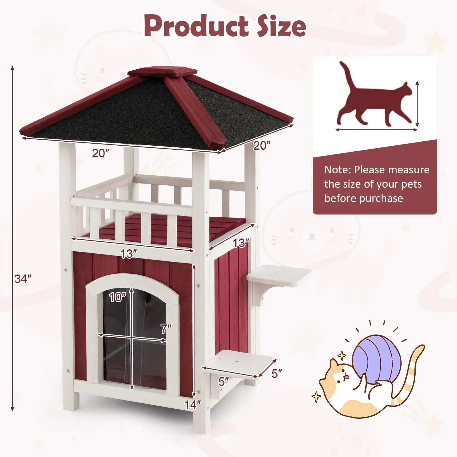 2-Story Wooden Cat House with Asphalt Roof Balcony and Rain Curtain-Red & White by DirectDeals