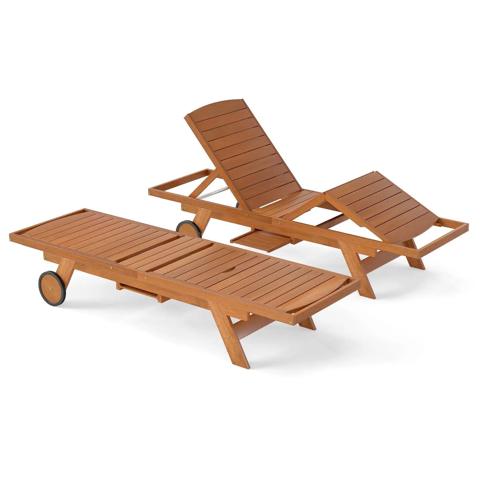 Outdoor Chaise Lounge Chair with Wheels 4-Position Patio Wood Recliner with Adjustable Backrest by DirectDeals
