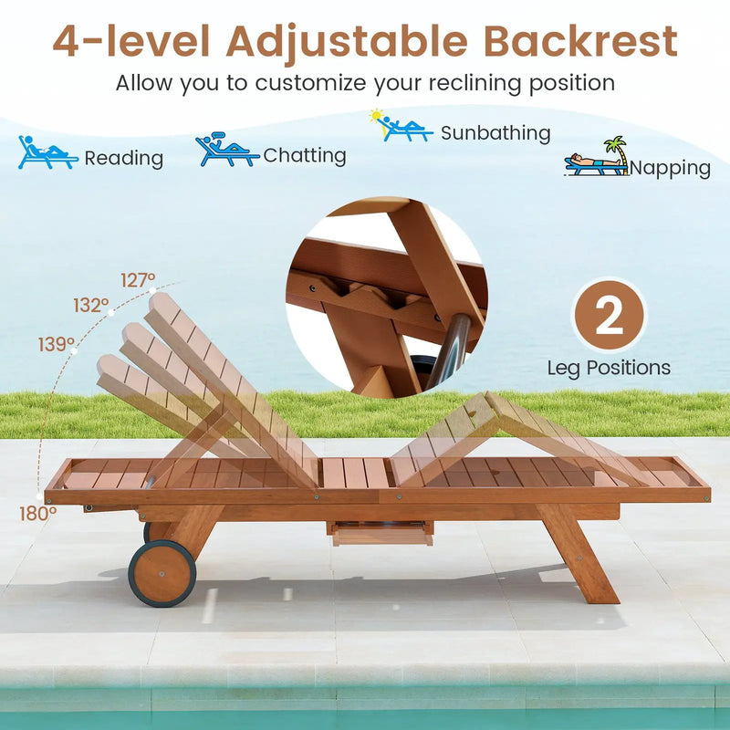 Outdoor Chaise Lounge Chair with Wheels 4-Position Patio Wood Recliner with Adjustable Backrest by DirectDeals