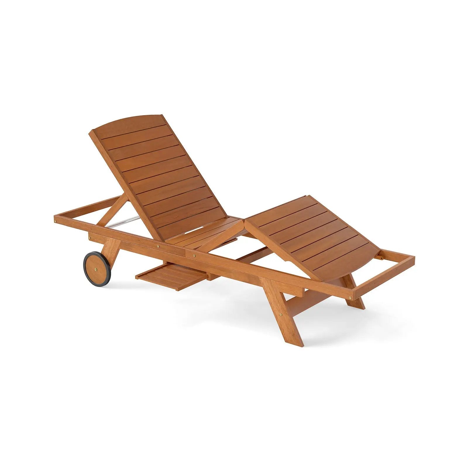 Outdoor Chaise Lounge Chair with Wheels 4-Position Patio Wood Recliner with Adjustable Backrest by DirectDeals