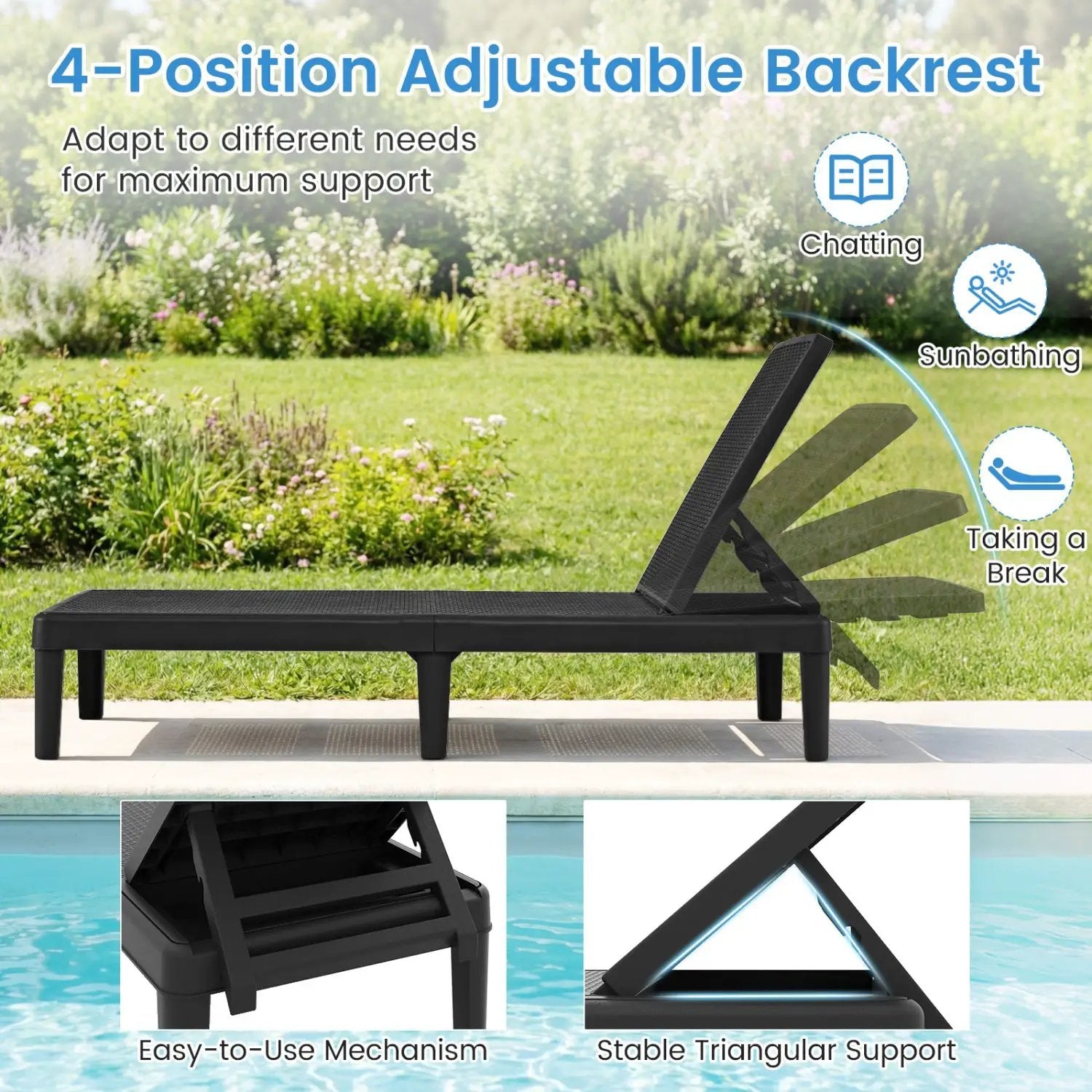 Outdoor Chaise Lounger Chair with Waterproof Rattan Textured PP Surface Set of 2 by DirectDeals