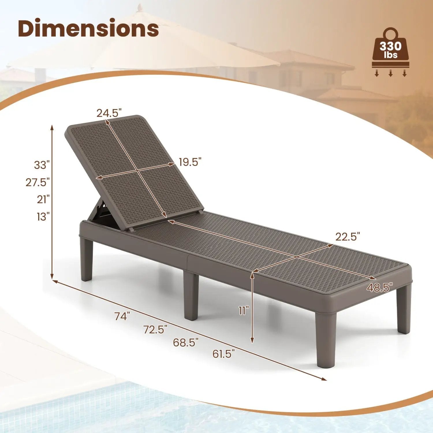 Outdoor Chaise Lounger Chair with Waterproof Rattan Textured PP Surface Set of 2 by DirectDeals