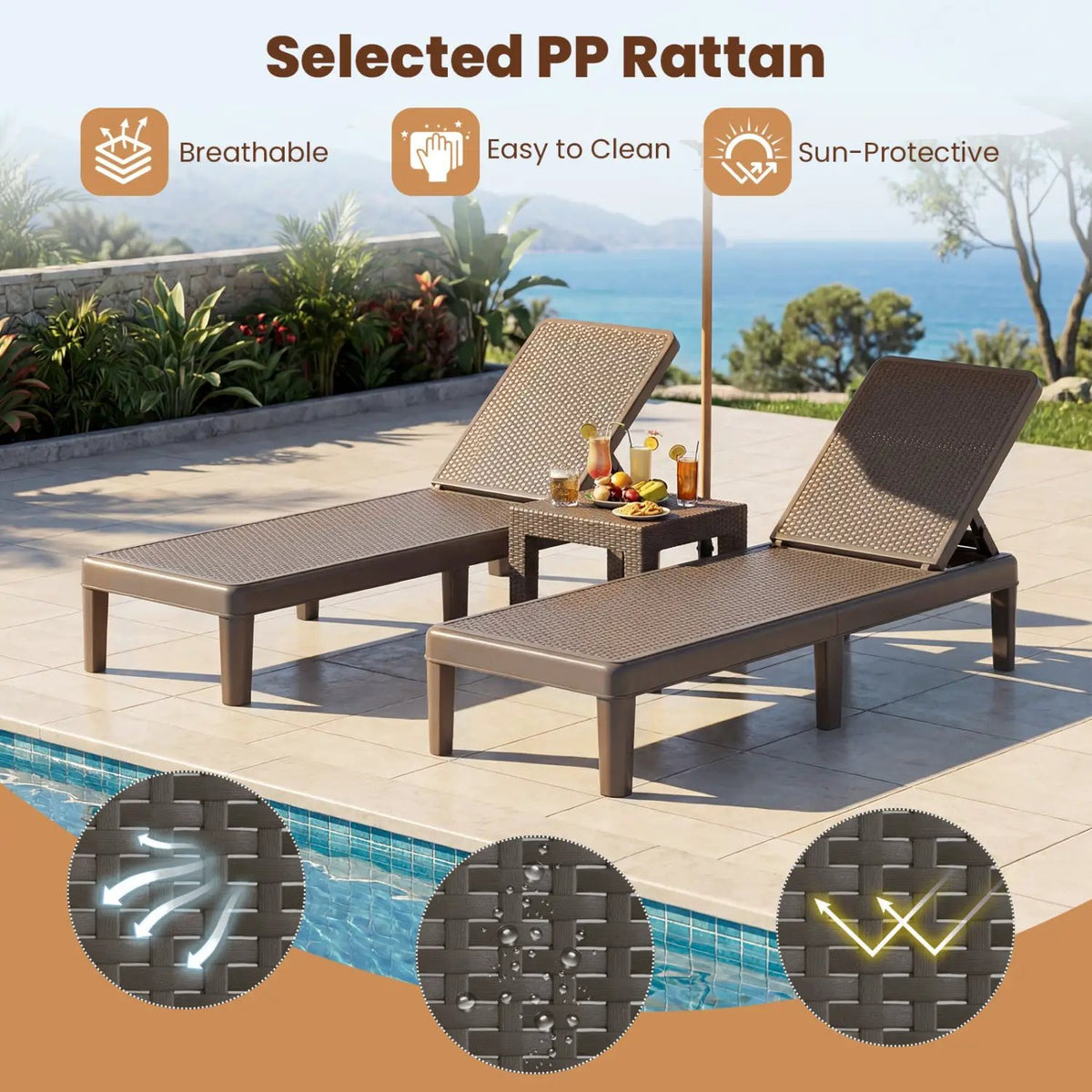 Outdoor Chaise Lounger Chair with Waterproof Rattan Textured PP Surface Set of 2, photo 15 of 16