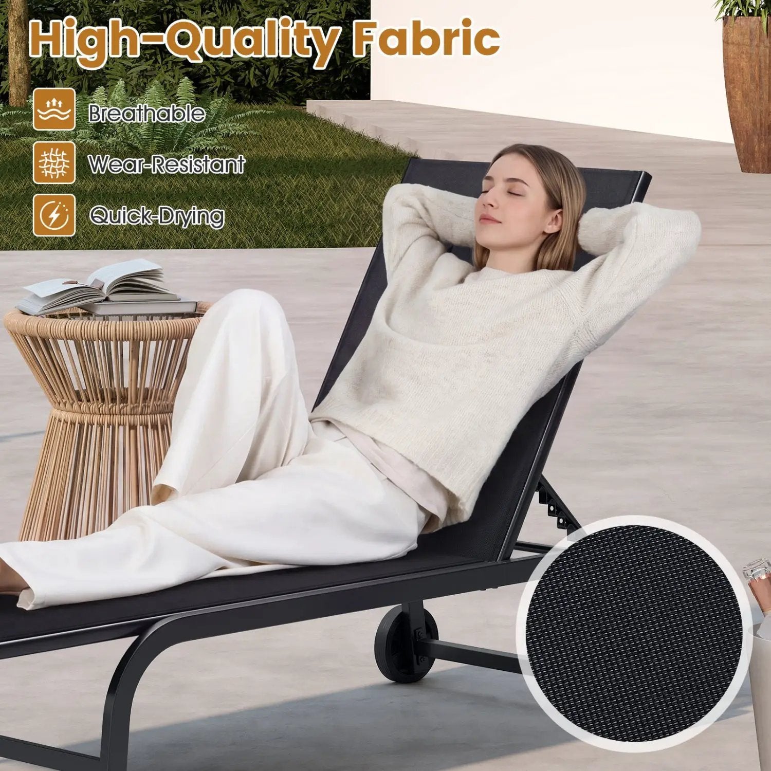 Outdoor Chaise Lounge Chair with Wheels and Metal Frame by DirectDeals