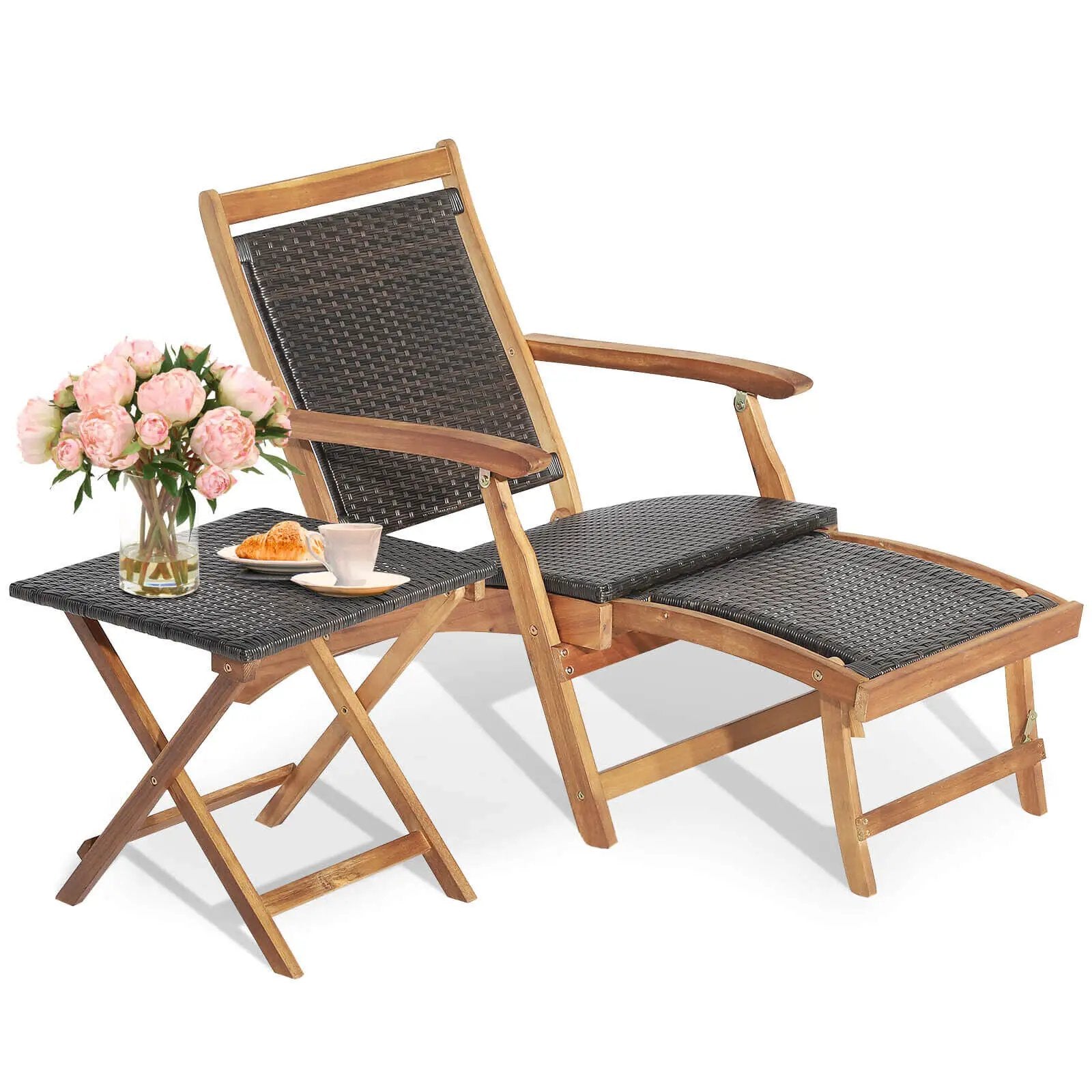 2 Pieces Patio Rattan Folding Lounge Chair with Acacia Wood Table by DirectDeals