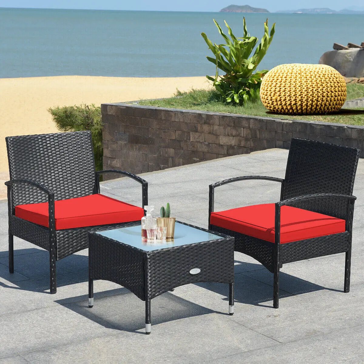 3 Pieces Patio Wicker Rattan Furniture Set with Cushion for Lawn Backyard by DirectDeals