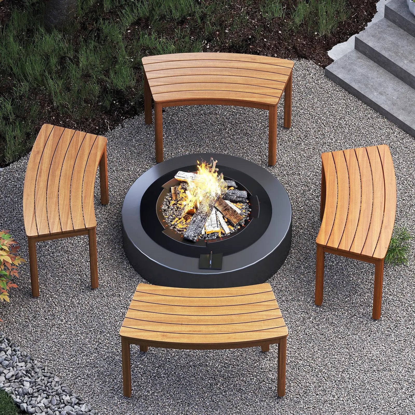 Outdoor Curved Acacia Wood Bench Set of 2/3/4 for Front Porch by DirectDeals
