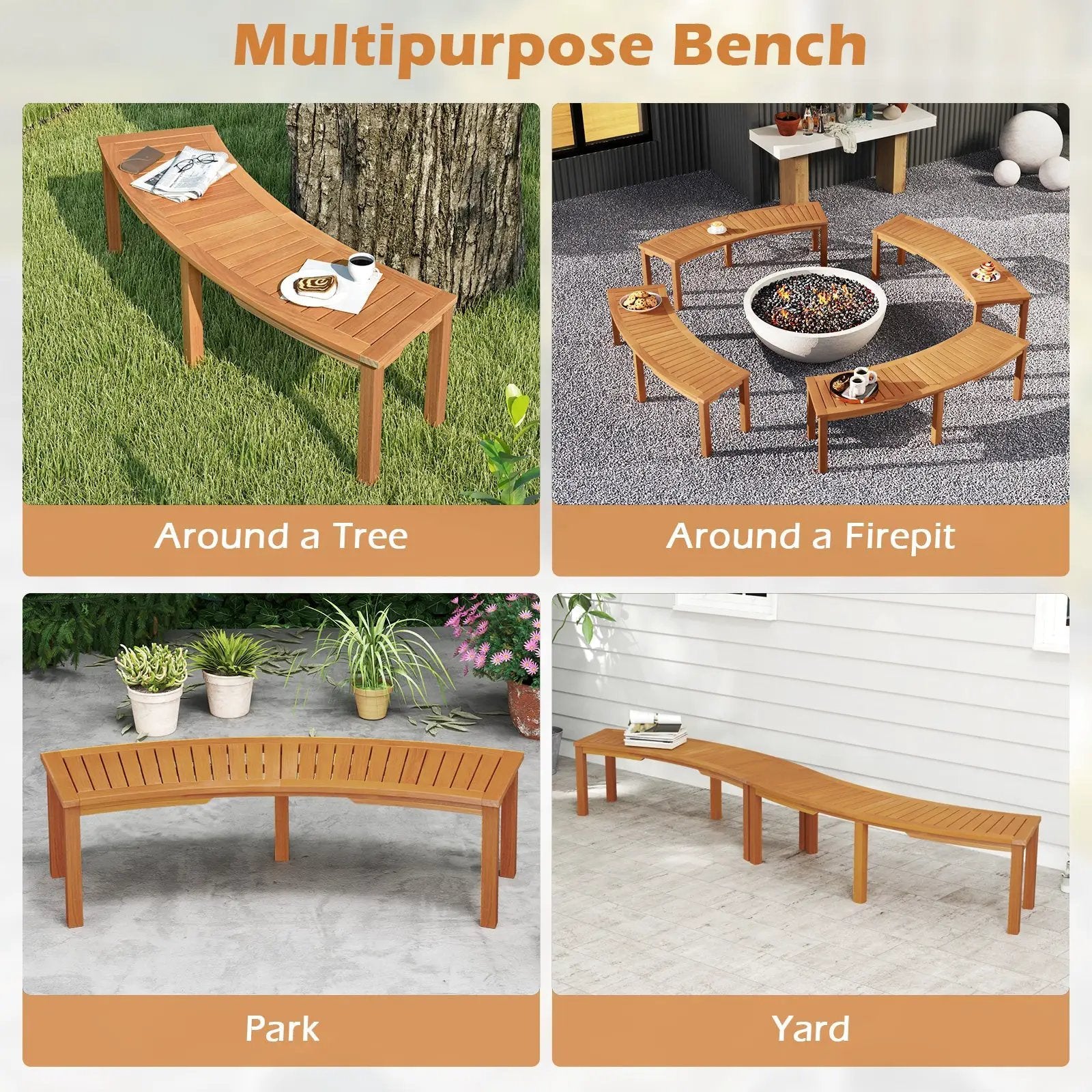 Outdoor Curved Acacia Wood Fire Pit Bench with Slatted Seat by DirectDeals