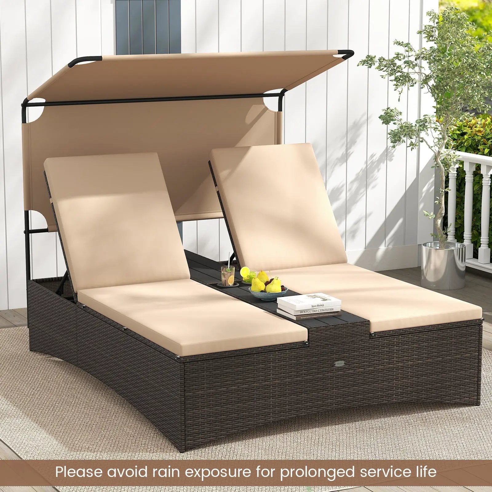 Outdoor Daybed with Adjustable Backrests 2-Person PE Rattan Patio Bed-Brown by DirectDeals