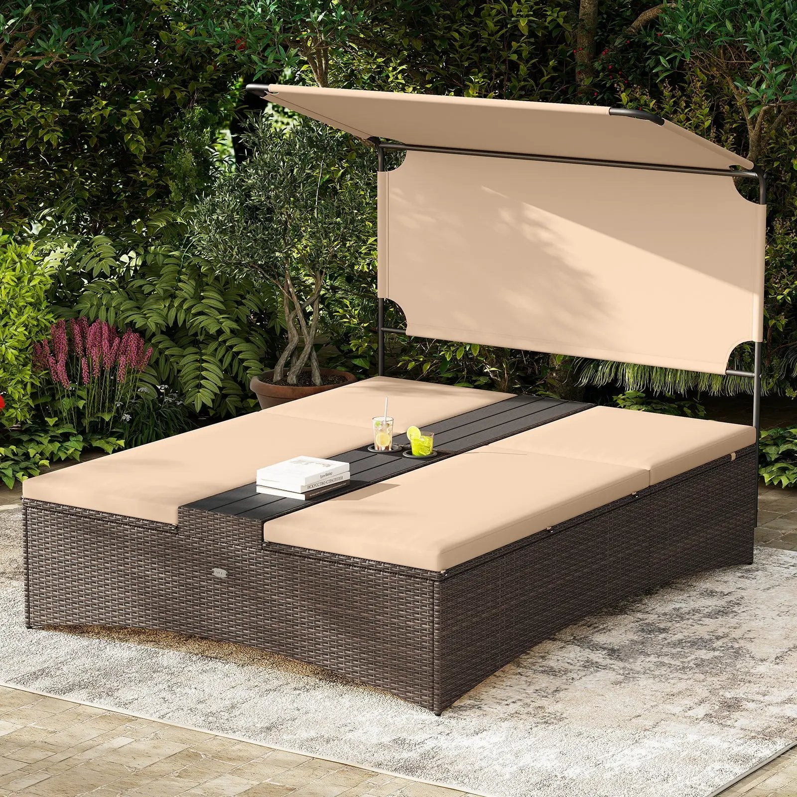 Outdoor Daybed with Adjustable Backrests 2-Person PE Rattan Patio Bed-Brown by DirectDeals