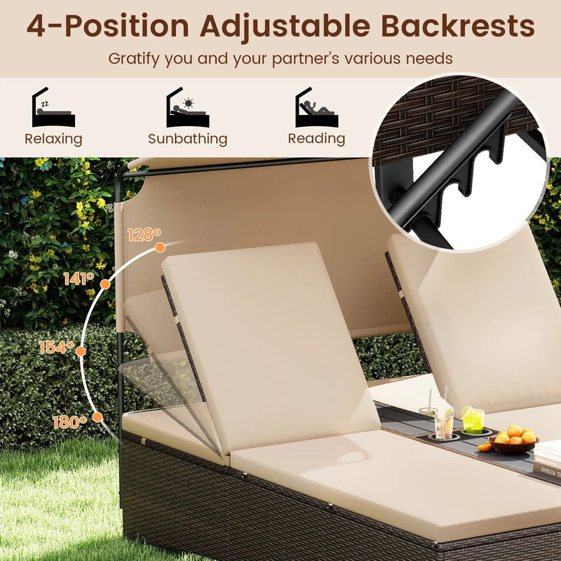 Outdoor Daybed with Adjustable Backrests 2-Person PE Rattan Patio Bed-Brown by DirectDeals