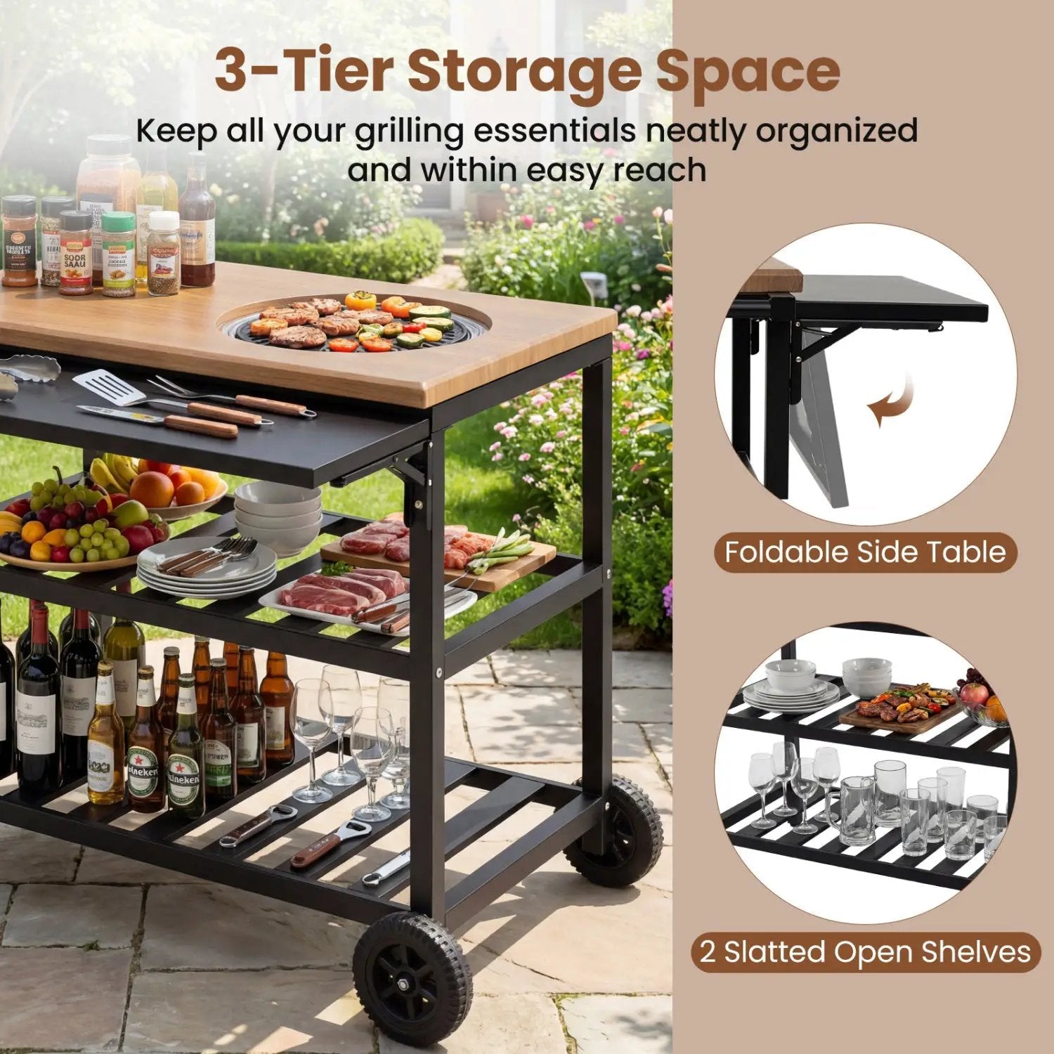 Outdoor Dining Cart with BBQ Grill and Folding Side Panel by DirectDeals
