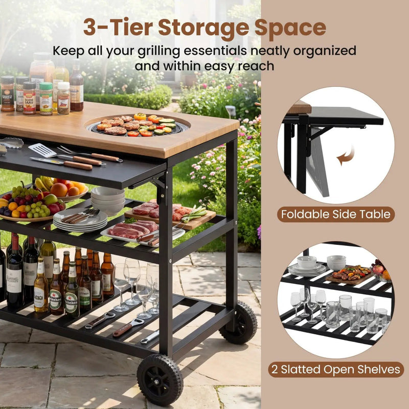 Outdoor Dining Cart with BBQ Grill and Folding Side Panel by DirectDeals