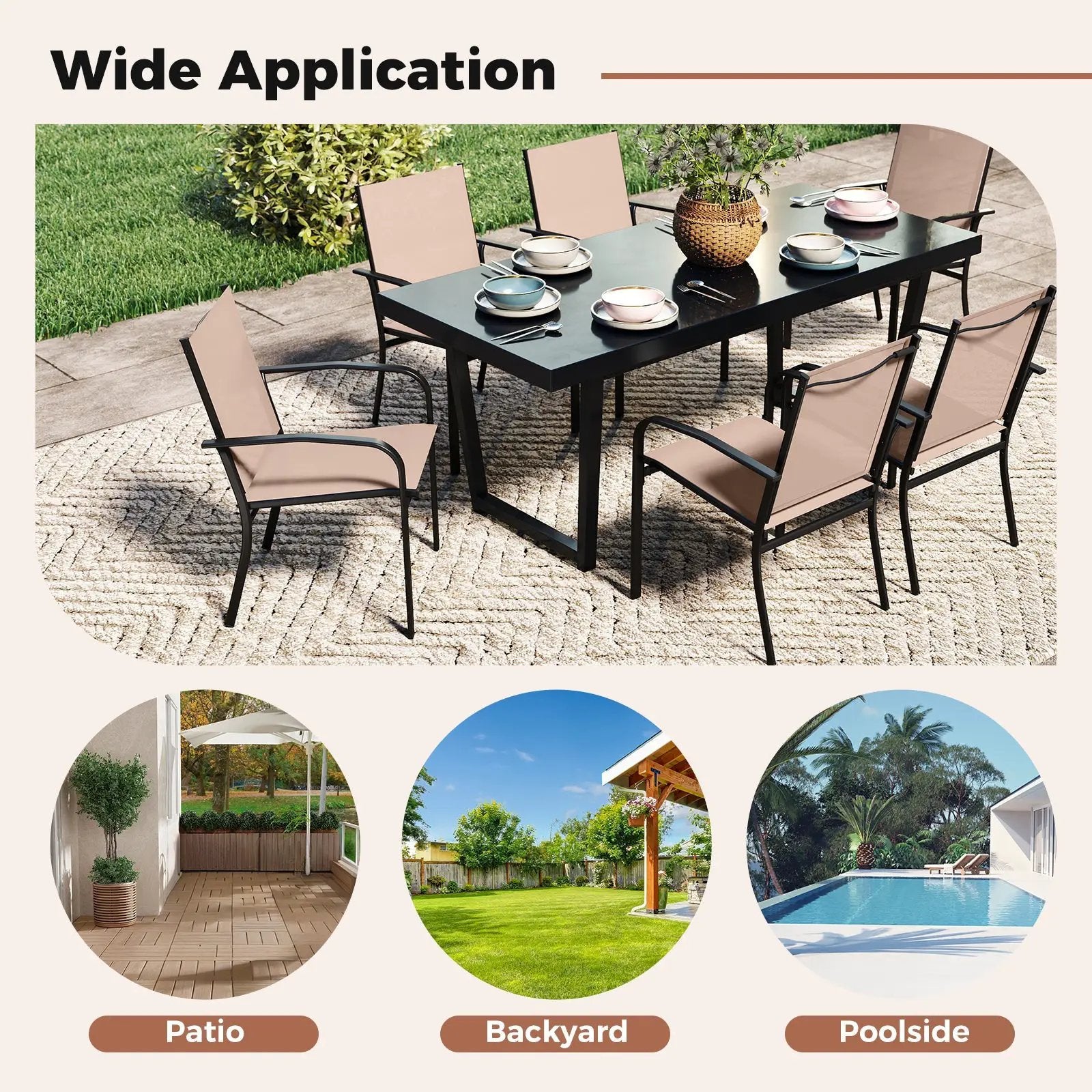Outdoor Dining Chairs Set of 4 with High Back and Metal Frame-Light Brown by DirectDeals