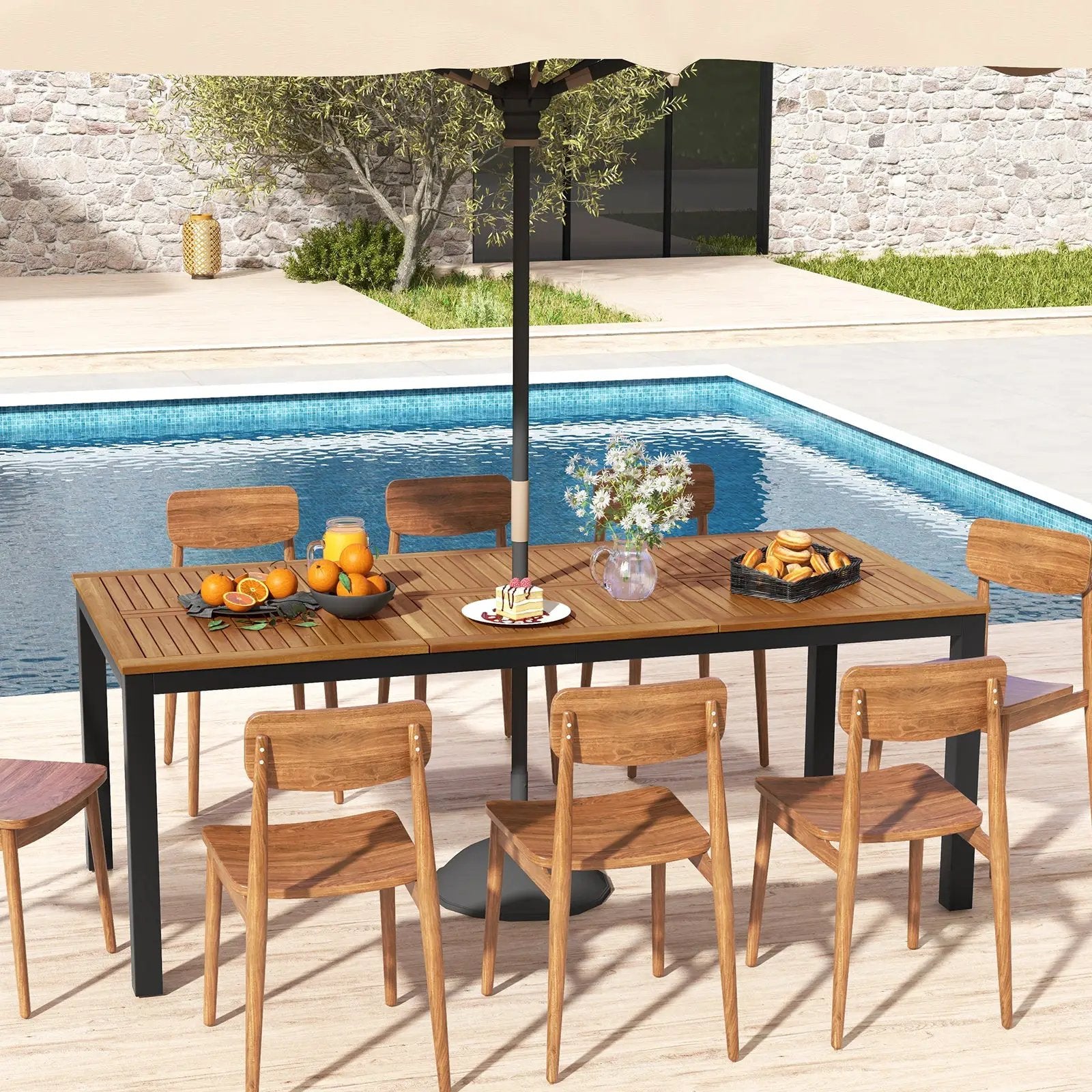 8-Person Outdoor Dining Table 79 Inch Acacia Wood Patio Table with Umbrella Hole by DirectDeals