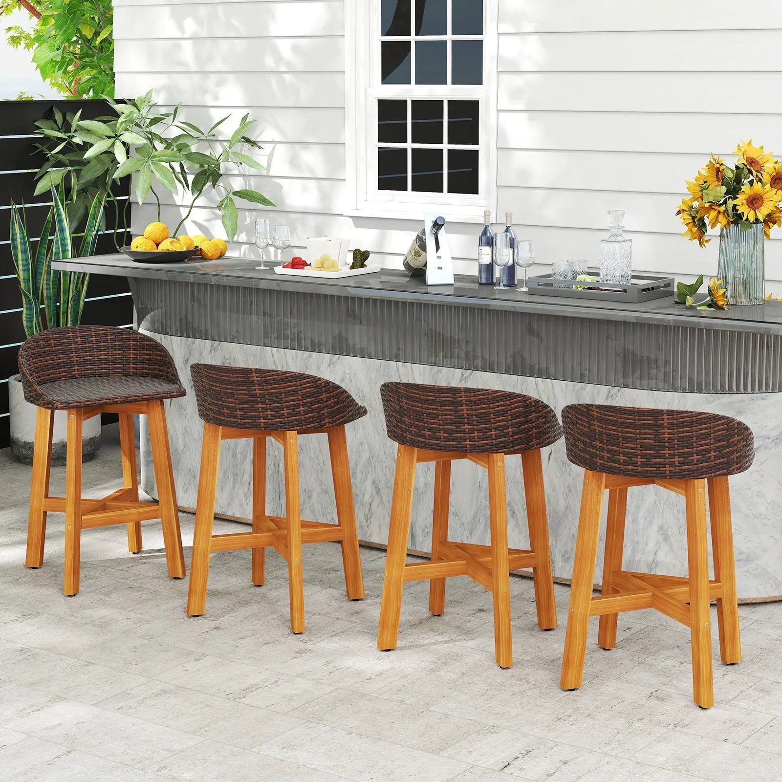 Outdoor Faux Rattan Bar Chairs Set of 2 with Ergonomic Backrests and Footrests by DirectDeals