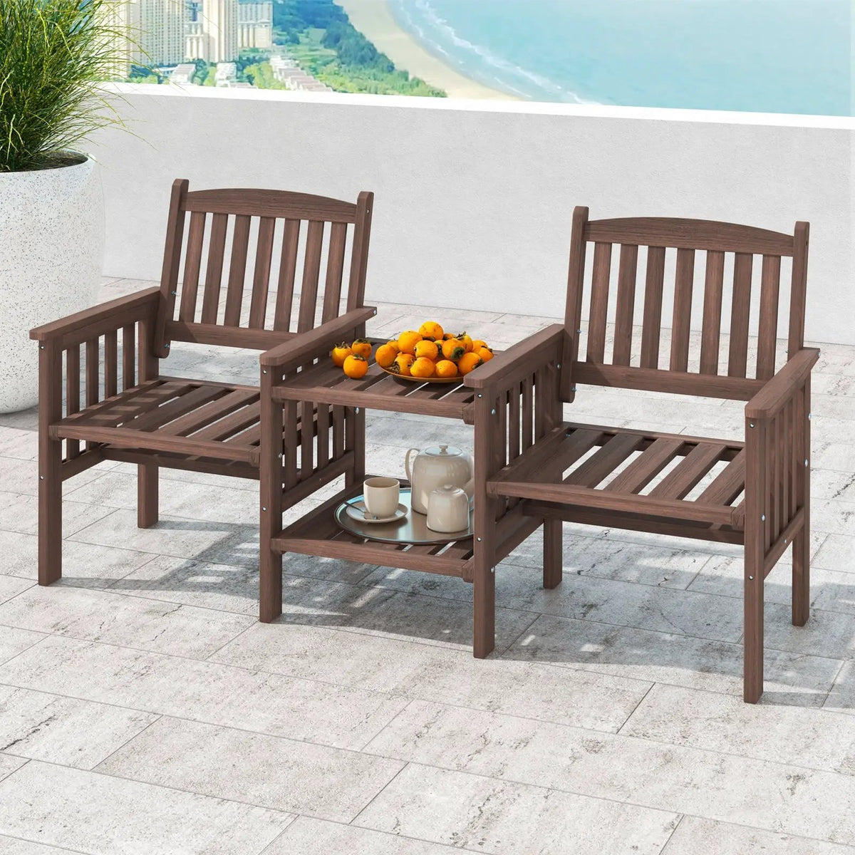 Outdoor Fir Wood Loveseat with 2-Tier Side Table and 1.96" Umbrella Hole