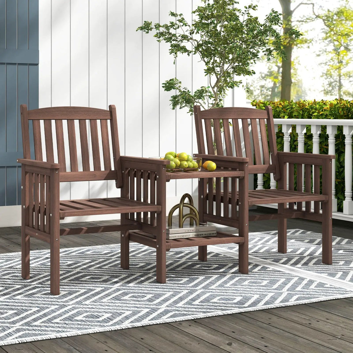 Outdoor Fir Wood Loveseat with 2-Tier Side Table and 1.96" Umbrella Hole, photo 2 of 9