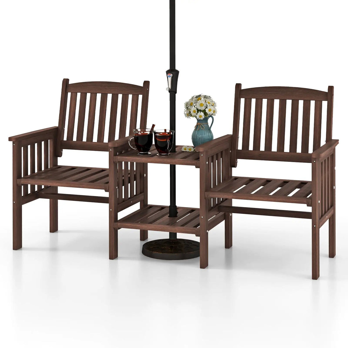 Outdoor Fir Wood Loveseat with 2-Tier Side Table and 1.96" Umbrella Hole, photo 3 of 9