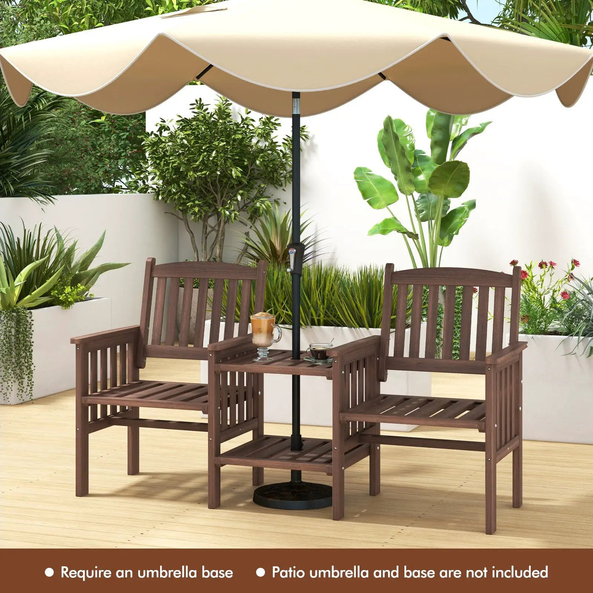 Outdoor Fir Wood Loveseat with 2-Tier Side Table and 1.96" Umbrella Hole, photo 6 of 9
